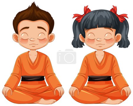 Téléchargez les illustrations : Deux enfants méditant en robes oranges traditionnelles - en licence libre de droit