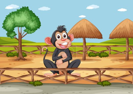 A happy monkey sitting on a bridge outdoors