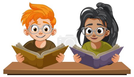 Zwei Kinder lesen fröhlich Bücher am Tisch.