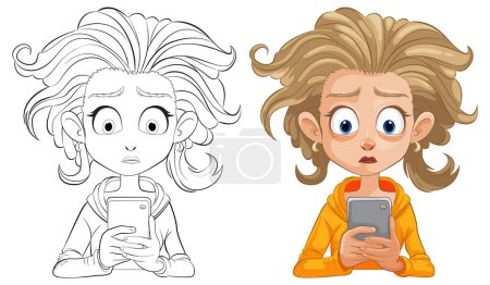 Illustration for Cartoon girl shocked by phone content, colored and line art - Royalty Free Image