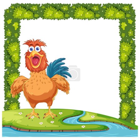 Téléchargez les illustrations : Poulet joyeux debout près d'un ruisseau d'eau - en licence libre de droit