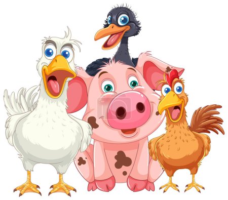 Illustration for Colorful illustration of cheerful barnyard animal friends - Royalty Free Image