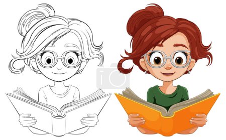 Ilustración de Ilustraciones de arte colorido y lineal de una chica lectora - Imagen libre de derechos