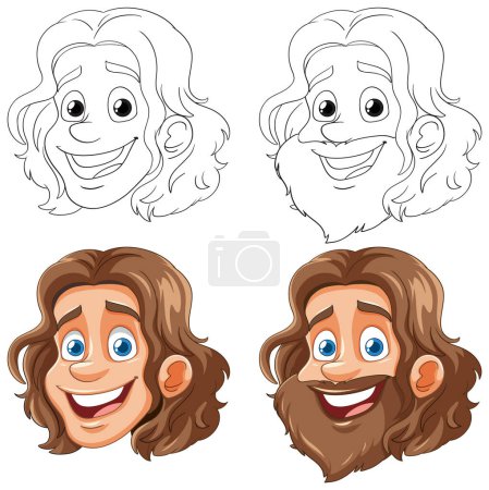 Ilustración de Cuatro etapas del proceso de ilustración de un personaje. - Imagen libre de derechos