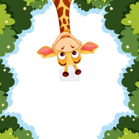 Téléchargez les illustrations : Girafe mignonne jetant un coup d'oeil à travers feuillage vert luxuriant. - en licence libre de droit