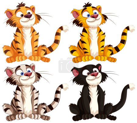Téléchargez les illustrations : Quatre chats animés ludiques avec des motifs différents - en licence libre de droit