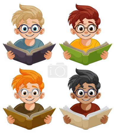 Téléchargez les illustrations : Quatre enfants de dessin animé avec des livres souriant joyeusement - en licence libre de droit