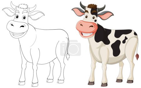 Téléchargez les illustrations : Dessins de vache colorés et esquissés côte à côte - en licence libre de droit