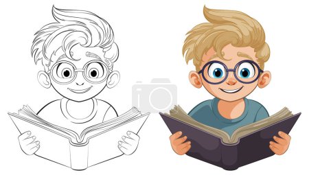 Téléchargez les illustrations : Vecteur coloré d'un garçon joyeux profiter d'un livre - en licence libre de droit