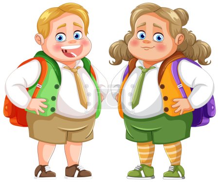 Ilustración de Dos niños alegres con mochilas sonriendo. - Imagen libre de derechos