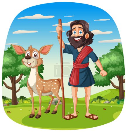 Illustration for Cartoon shepherd standing with a friendly deer - Royalty Free Image