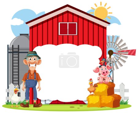 Ilustración de Granjero de dibujos animados con animales en un día de granja soleado - Imagen libre de derechos