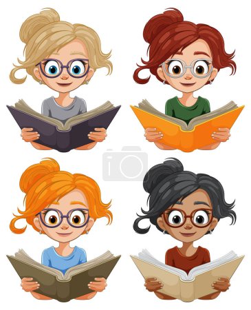 Téléchargez les illustrations : Quatre filles de bande dessinée absorbées dans la lecture de livres différents. - en licence libre de droit