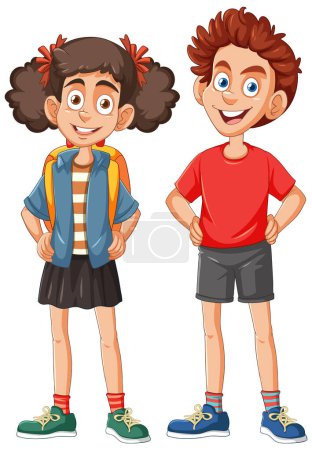 Illustration for Two smiling kids illustrated in vibrant colors - Royalty Free Image