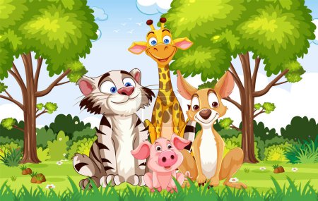 Animales de dibujos animados sonriendo juntos en un parque verde