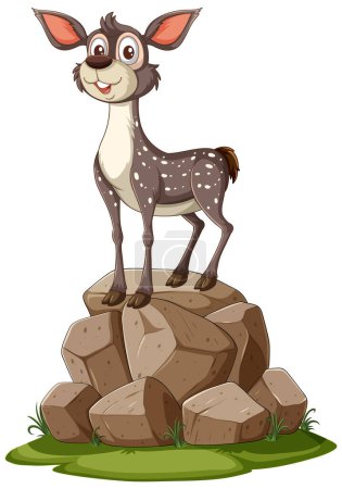 A happy cartoon deer standing atop a pile of rocks.