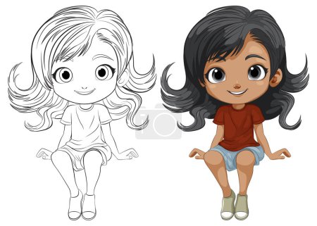 Téléchargez les illustrations : Illustration vectorielle d'une fille, colorée et contour - en licence libre de droit