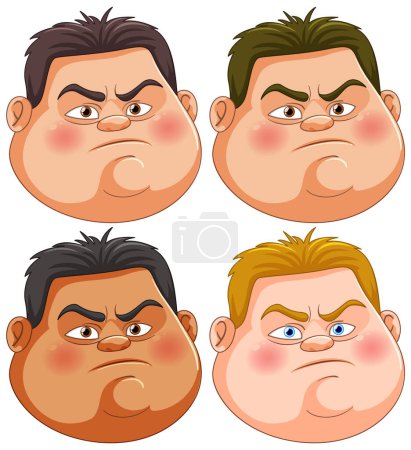 Ilustración de Cuatro caras de dibujos animados que muestran diferentes expresiones. - Imagen libre de derechos