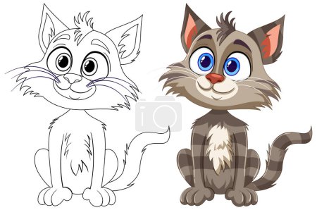 Téléchargez les illustrations : Deux étapes d'un chat dessin animé, croquis et coloré - en licence libre de droit