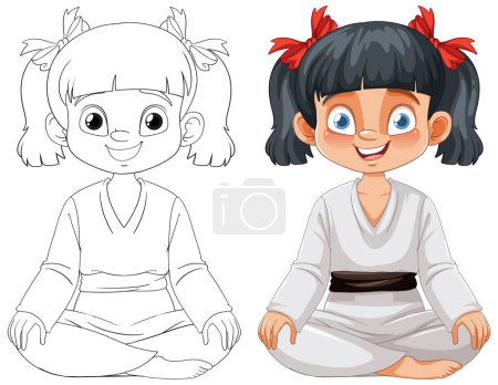 Illustration for Colorful and outlined versions of a cartoon karate girl - Royalty Free Image