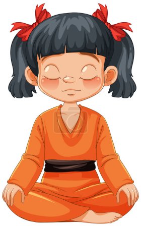 Téléchargez les illustrations : Dessin animé d'un enfant méditant en tenue orange - en licence libre de droit