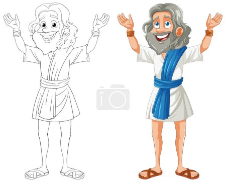 Illustration for Colorful and line art versions of a happy man. - Royalty Free Image