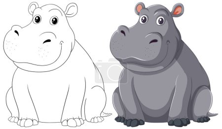 Téléchargez les illustrations : Illustration vectorielle d'un hippopotame, coloré et contour. - en licence libre de droit