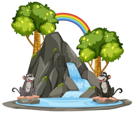 Téléchargez les illustrations : Deux singes heureux assis près d'une cascade de montagne - en licence libre de droit