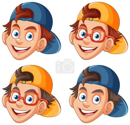 Cuatro expresiones de un niño feliz de dibujos animados