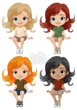 Téléchargez les illustrations : Quatre filles de dessin animé mignon avec différentes coiffures. - en licence libre de droit