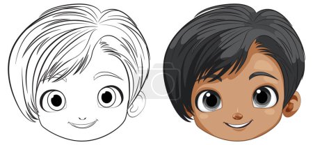 Téléchargez les illustrations : Deux enfants de bande dessinée souriants avec différentes coiffures - en licence libre de droit