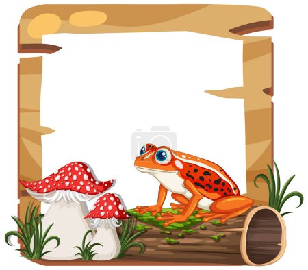 Illustration for Colorful frog sitting beside red mushrooms on log - Royalty Free Image