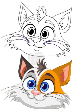 Ilustración de Dos caras estilizadas de gato, una de color, una línea de arte. - Imagen libre de derechos