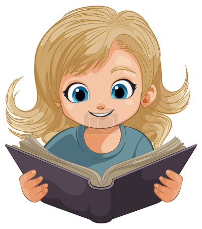 Illustration for Cartoon of a cheerful girl reading a book - Royalty Free Image