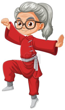 Cartoon of a lively elderly woman in a martial arts pose