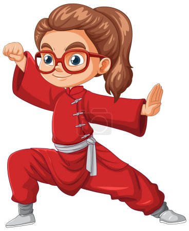 Ilustración de Chica de dibujos animados practicando artes marciales pose. - Imagen libre de derechos