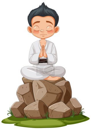 Cartoon boy meditating peacefully atop stone pile.