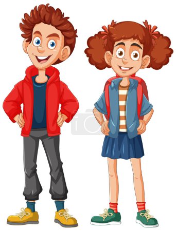 Téléchargez les illustrations : Joyeux garçon et fille en vêtements décontractés souriant. - en licence libre de droit