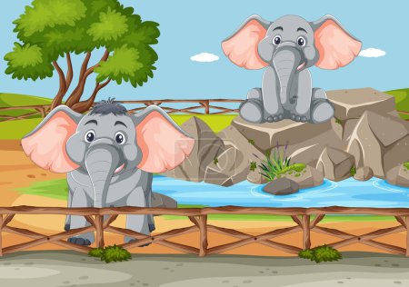 Illustration for Two cartoon elephants near a small pond - Royalty Free Image