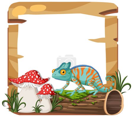 Illustration for Colorful chameleon exploring a whimsical mushroom land - Royalty Free Image