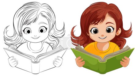 Téléchargez les illustrations : Deux filles de dessin animé absorbé dans la lecture de livres colorés - en licence libre de droit