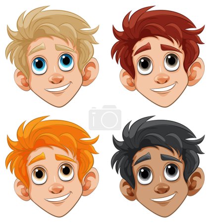Téléchargez les illustrations : Quatre garçons de dessin animé avec différentes coiffures et tons de peau - en licence libre de droit