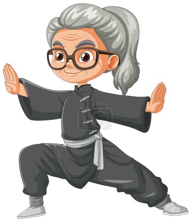 Illustration for Cartoon of a senior woman performing martial arts pose. - Royalty Free Image