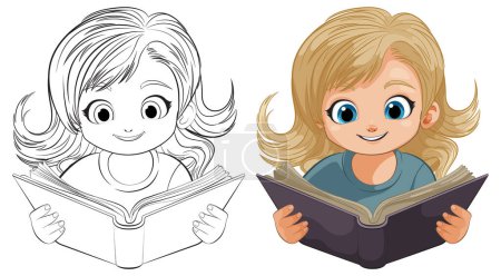 Ilustración de Ilustraciones coloridas y en blanco y negro de una chica lectora - Imagen libre de derechos