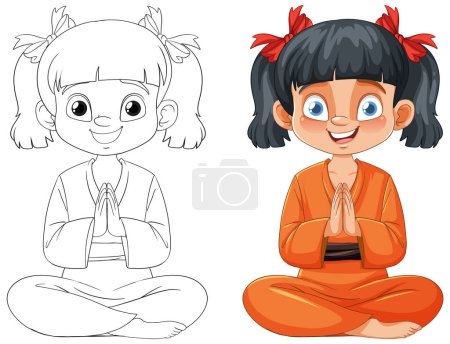 Ilustración de Ilustraciones coloridas y esbozadas de una niña meditando - Imagen libre de derechos