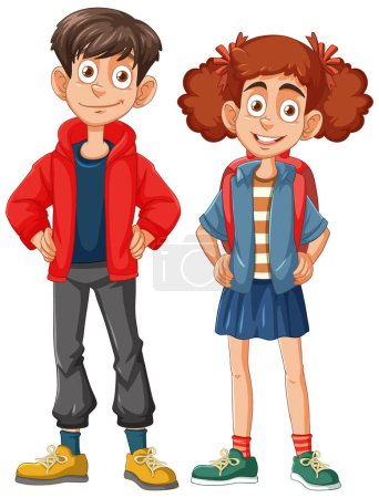 Téléchargez les illustrations : Deux enfants heureux dessin animé debout côte à côte. - en licence libre de droit
