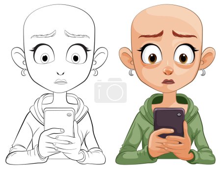 Cartoon illustration of girl reacting to phone content