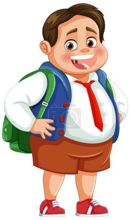 Téléchargez les illustrations : Joyeux garçon dessin animé avec sac à dos souriant vivement - en licence libre de droit
