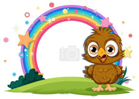 Ilustración de Lindo búho con un colorido arco iris y estrellas - Imagen libre de derechos