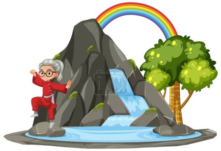 Téléchargez les illustrations : Cartoon grand-mère randonnée près d'une cascade de montagne - en licence libre de droit